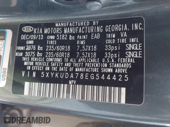 ✅ 2014 Kia Sorento EX • VIN: 5XYKUDA78EG544425 • Lot: 43697704. Listed on IAAI with 125,981 mi. Free auction sales archive from the USA and detailed vehicle history report at DreamBid. Image 9.