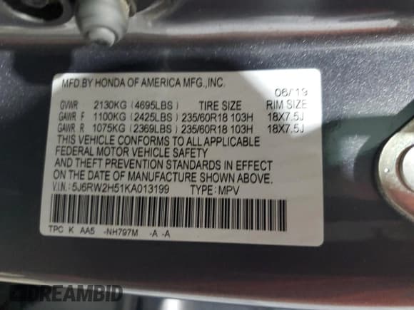 ✅ 2019 Honda CR-V EX • VIN: 5J6RW2H51KA013199 • Lot: 81689795. Listed on Copart with 62,087 mi. Free auction sales archive from the USA and detailed vehicle history report at DreamBid. Image 13.