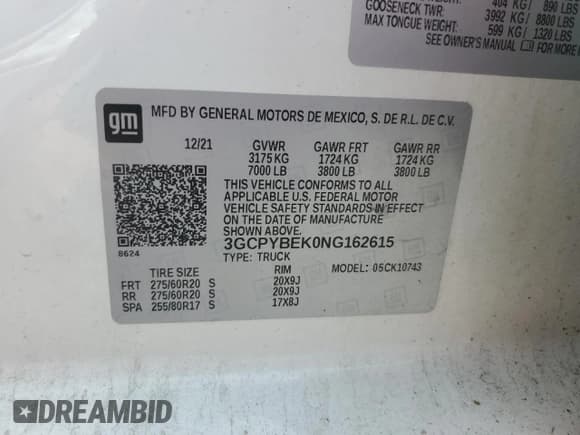 ✅ 2022 Chevrolet Silverado 1500 Custom • VIN: 3GCPYBEK0NG162615 • Lot: 61962565. Wystawiony na Copart z przebiegiem 102 319 mil. Bezpłatny archiwum sprzedaży aukcyjnych z USA i szczegółowy raport historii pojazdu na DreamBid. Zdjęcie 12.