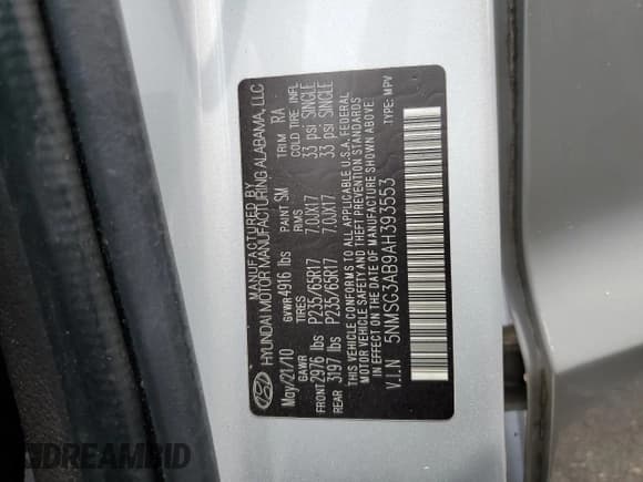 ✅ 2010 Hyundai Santa Fe GLS • VIN: 5NMSG3AB9AH393553 • Лот: 67219345. Опубликован ранее на Copart с пробегом 55 545 миль. Бесплатный доступ к архиву аукционных продаж из США и подробный отчёт об истории автомобиля на DreamBid. Изображение 13.