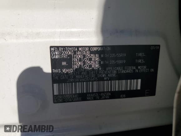 ✅ 2019 Toyota RAV4 Limited • VIN: JTMY1RFV6KD516415 • Лот: 91327535. Опубликован ранее на Copart с пробегом 63 054 миль. Бесплатный доступ к архиву аукционных продаж из США и подробный отчёт об истории автомобиля на DreamBid. Изображение 13.