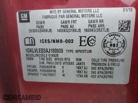 ✅ 2010 GMC Acadia SLE • VIN: 1GKLVLED3AJ180909 • Lot: 55938005. Wystawiony na Copart z przebiegiem Nie podano. Bezpłatny archiwum sprzedaży aukcyjnych z USA i szczegółowy raport historii pojazdu na DreamBid. Zdjęcie 13.