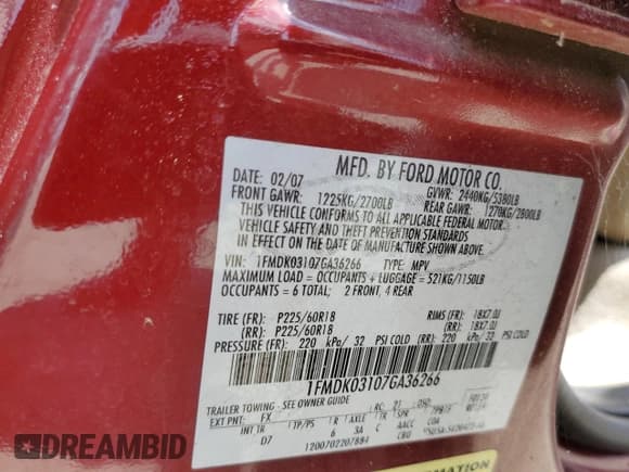 ✅ 2007 Ford Freestyle Limited • VIN: 1FMDK03107GA36266 • Лот: 59394984. Опубликован ранее на Copart с пробегом 49 005 миль. Бесплатный доступ к архиву аукционных продаж из США и подробный отчёт об истории автомобиля на DreamBid. Изображение 15.