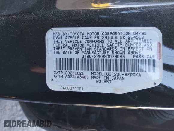 ✅ 1995 Lexus LS 400 • VIN: JT8UF22E9S0029065 • Лот: 43565649. Опубликован ранее на IAAI с пробегом 120 414 миль. Бесплатный доступ к архиву аукционных продаж из США и подробный отчёт об истории автомобиля на DreamBid. Изображение 9.