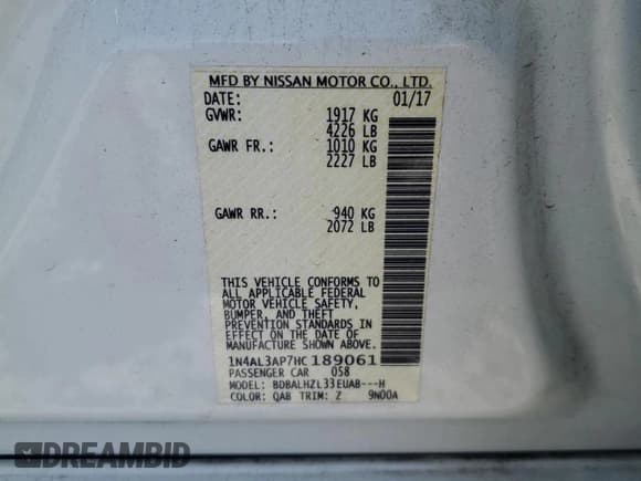 ✅ 2017 Nissan Altima SR • VIN: 1N4AL3AP7HC189061 • Lot: 57171495. Listed on Copart with 77,623 mi. Free auction sales archive from the USA and detailed vehicle history report at DreamBid. Image 13.