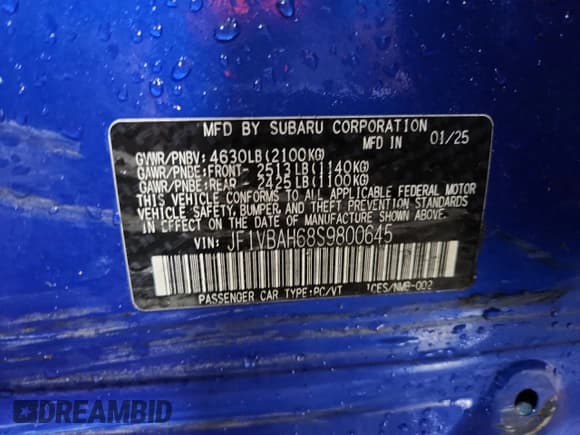 ✅ 2025 Subaru WRX Premium • VIN: JF1VBAH68S9800645 • Lot: 83851445. Wystawiony na Copart z przebiegiem 6 654 mil. Bezpłatny archiwum sprzedaży aukcyjnych z USA i szczegółowy raport historii pojazdu na DreamBid. Zdjęcie 12.