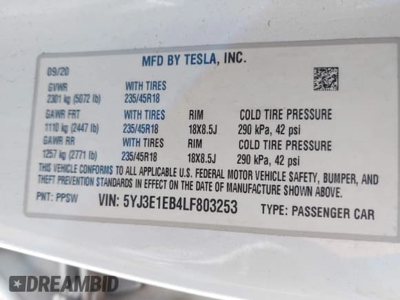 ✅ 2020 Tesla Model 3 Long Range • VIN: 5YJ3E1EB4LF803253 • Lot: 43455212. Listed on IAAI with 91,339 mi. Free auction sales archive from the USA and detailed vehicle history report at DreamBid. Image 9.