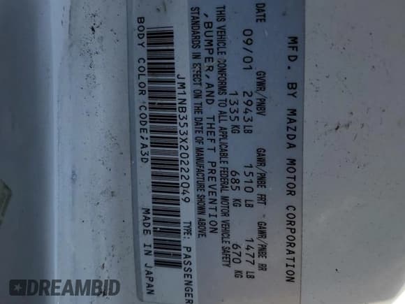 ✅ 2002 Mazda MX-5 Miata Cloth • VIN: JM1NB353X20222049 • Лот: 75404914. Опубликован ранее на Copart с пробегом Не указан. Бесплатный доступ к архиву аукционных продаж из США и подробный отчёт об истории автомобиля на DreamBid. Изображение 13.