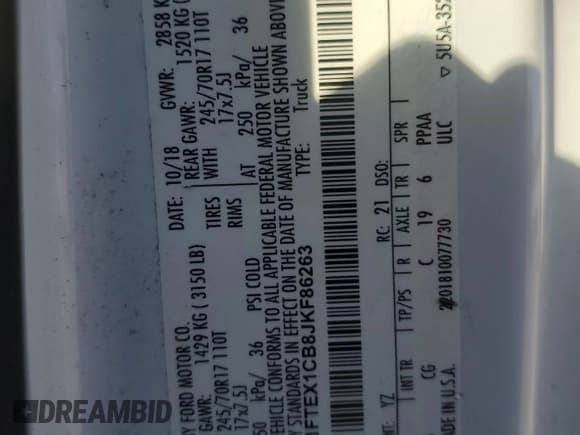 ✅ 2018 Ford F-150 XL • VIN: 1FTEX1CB8JKF86263 • Лот: 87379105. Опубликован ранее на Copart с пробегом 140 001 миль. Бесплатный доступ к архиву аукционных продаж из США и подробный отчёт об истории автомобиля на DreamBid. Изображение 12.