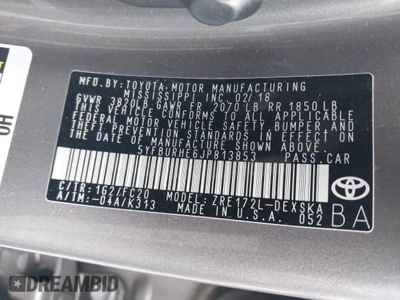 ✅ 2018 Toyota Corolla L • VIN: 5YFBURHE6JP813853 • Lot: 42360147. Listed on IAAI with 134,839 mi. Free auction sales archive from the USA and detailed vehicle history report at DreamBid. Image 9.