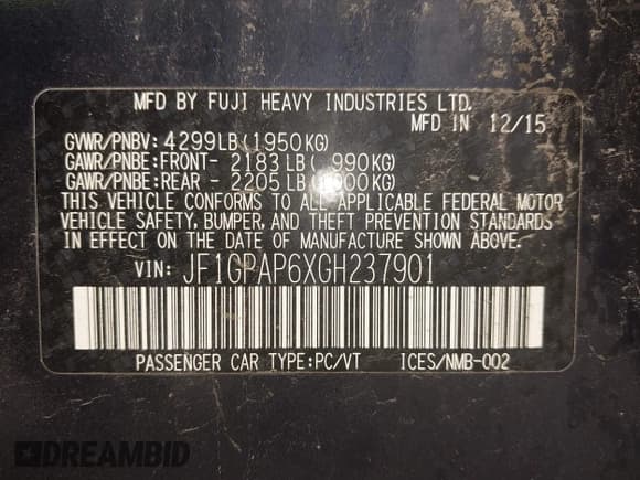 ✅ 2016 Subaru Impreza Special Sports Premium • VIN: JF1GPAP6XGH237901 • Lot: 42976154. Listed on IAAI with 47,206 mi. Free auction sales archive from the USA and detailed vehicle history report at DreamBid. Image 9.