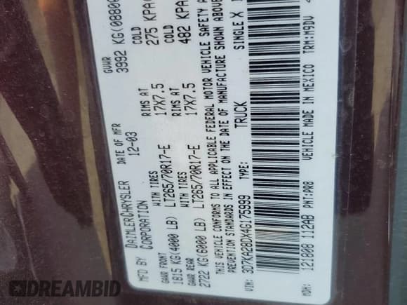 ✅ 2004 Dodge 2500 SLT • VIN: 3D7KA28DX4G175999 • Лот: 90611285. Опубликован ранее на Copart с пробегом 188 070 миль. Бесплатный доступ к архиву аукционных продаж из США и подробный отчёт об истории автомобиля на DreamBid. Изображение 12.