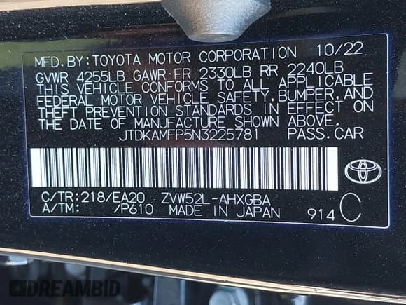 ✅ 2022 Toyota Prius LE • VIN: JTDKAMFP5N3225781 • Lot: 40822065. Listed on IAAI with 42,307 mi. Free auction sales archive from the USA and detailed vehicle history report at DreamBid. Image 9.