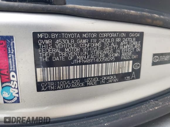 ✅ 2004 Lexus SC 430 • VIN: JTHFN48Y140058295 • Lot: 42883490. Listed on IAAI with 121,555 mi. Free auction sales archive from the USA and detailed vehicle history report at DreamBid. Image 9.