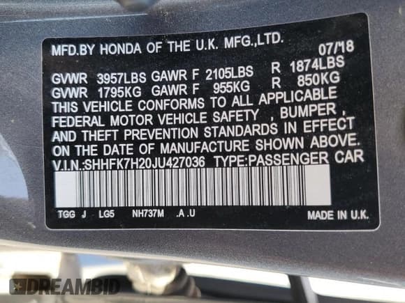 ✅ 2018 Honda Civic LX • VIN: SHHFK7H20JU427036 • Лот: 70961075. Опубликован ранее на Copart с пробегом 78 384 миль. Бесплатный доступ к архиву аукционных продаж из США и подробный отчёт об истории автомобиля на DreamBid. Изображение 12.