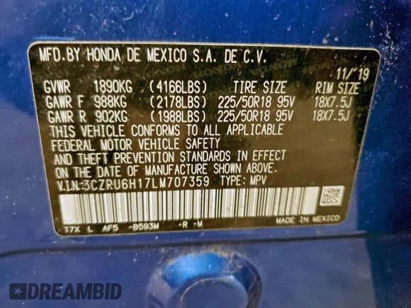 ✅ 2020 Honda HR-V Sport • VIN: 3CZRU6H17LM707359 • Лот: 94220035. Опубликован ранее на Copart с пробегом 160 205 миль. Бесплатный доступ к архиву аукционных продаж из США и подробный отчёт об истории автомобиля на DreamBid. Изображение 13.