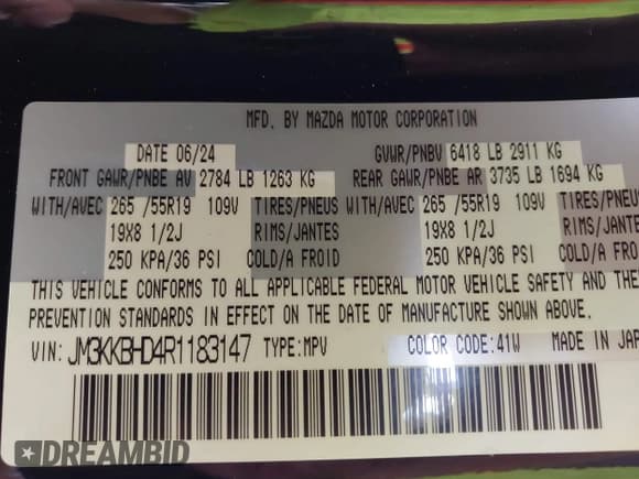 ✅ 2024 Mazda CX-90 Preferred • VIN: JM3KKBHD4R1183147 • Lot: 43486584. Wystawiony na IAAI z przebiegiem 33 747 mil. Bezpłatny archiwum sprzedaży aukcyjnych z USA i szczegółowy raport historii pojazdu na DreamBid. Zdjęcie 9.