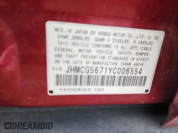 ✅ 2000 Honda Accord SE • VIN: JHMCG5671YC006554 • Lot: 85380305. Listed on Copart with 189,424 mi. Free auction sales archive from the USA and detailed vehicle history report at DreamBid. Image 12.