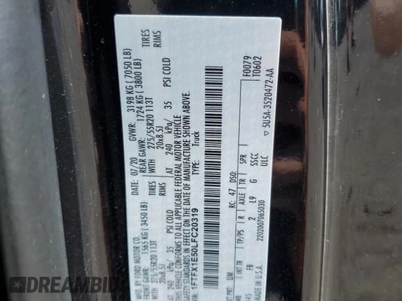 ✅ 2020 Ford F-150 XL • VIN: 1FTFX1E50LFC20319 • Lot: 84537745. Listed on Copart with 51,324 mi. Free auction sales archive from the USA and detailed vehicle history report at DreamBid. Image 12.