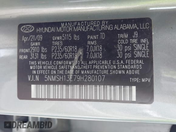 ✅ 2009 Hyundai Santa Fe SE • VIN: 5NMSH13E79H280107 • Лот: 42437996. Опубликован ранее на IAAI с пробегом 171 106 миль. Бесплатный доступ к архиву аукционных продаж из США и подробный отчёт об истории автомобиля на DreamBid. Изображение 9.