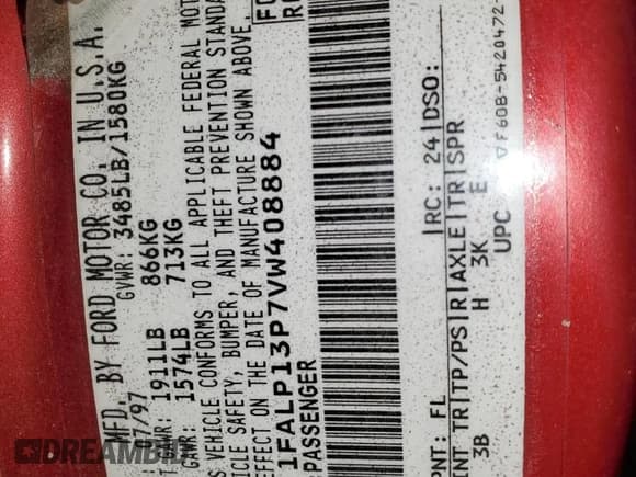 ✅ 1997 Ford Escort LX • VIN: 1FALP13P7VW408884 • Lot: 69968395. Wystawiony na Copart z przebiegiem 237 070 mil. Bezpłatny archiwum sprzedaży aukcyjnych z USA i szczegółowy raport historii pojazdu na DreamBid. Zdjęcie 12.