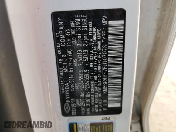 2015 Hyundai Santa Fe Limited with VIN KM8SR4HF7FU107073, listed as a Copart auction lot 87491675 with 112,456 mi miles and Clean title. Bid and sale history available at DreamBid. Image 13.