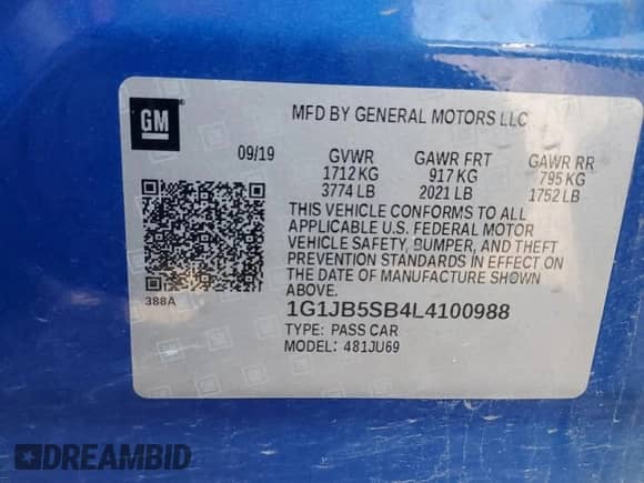 2020 Chevrolet Sonic LS с VIN 1G1JB5SB4L4100988, выставлен на аукционе Copart как лот 61263795 с пробегом 56 702 миль миль и На запчасти • Non repairable. История ставок и продаж доступна на DreamBid. Изображение 12.