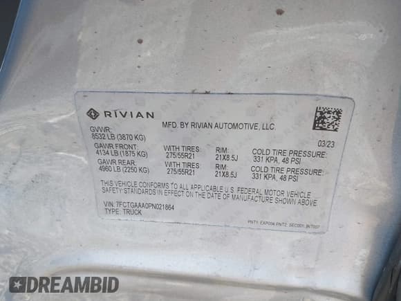 ✅ 2023 Rivian R1T Adventure • VIN: 7FCTGAAA0PN021864 • Lot: 41620630. Wystawiony na IAAI z przebiegiem Nie podano. Bezpłatny archiwum sprzedaży aukcyjnych z USA i szczegółowy raport historii pojazdu na DreamBid. Zdjęcie 9.