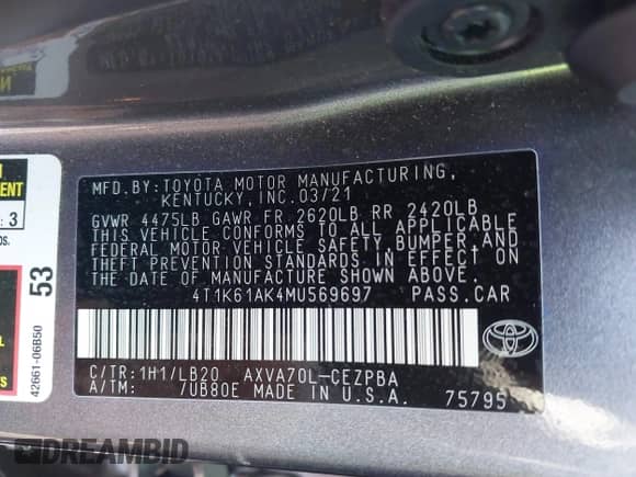 2021 Toyota Camry XSE with VIN 4T1K61AK4MU569697, listed as a IAAI auction lot 41250987 with 48,278 mi miles and . Bid and sale history available at DreamBid. Image 9.