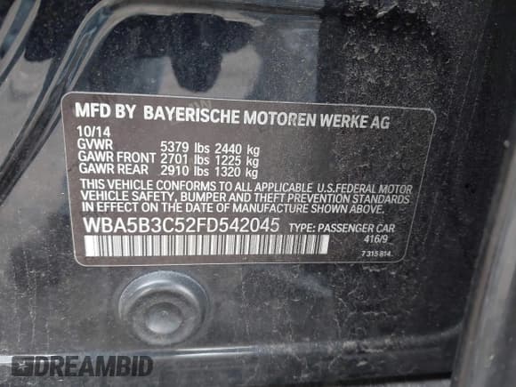 ✅ 2015 BMW 5 Series 535i xDrive • VIN: WBA5B3C52FD542045 • Lot: 43694263. Listed on IAAI with 100,322 mi. Free auction sales archive from the USA and detailed vehicle history report at DreamBid. Image 9.