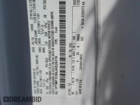 ✅ 2018 Ford F-150 XL • VIN: 1FTMF1CB6JKE26316 • Lot: 68112504. Listed on Copart with 111,879 mi. Free auction sales archive from the USA and detailed vehicle history report at DreamBid. Image 13.