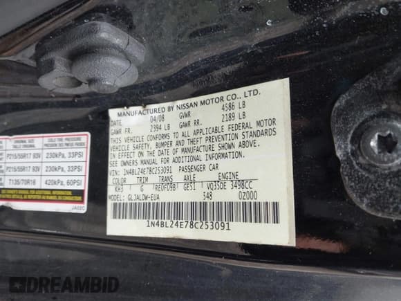 ✅ 2008 Nissan Altima SE • VIN: 1N4BL24E78C253091 • Lot: 43600711. Listed on IAAI with 187,350 mi. Free auction sales archive from the USA and detailed vehicle history report at DreamBid. Image 9.