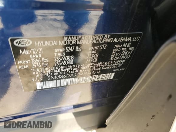 ✅ 2021 Hyundai Santa Fe SEL • VIN: 5NMS6DAJ2MH344716 • Lot: 65548334. Wystawiony na Copart z przebiegiem 83 512 mil. Bezpłatny archiwum sprzedaży aukcyjnych z USA i szczegółowy raport historii pojazdu na DreamBid. Zdjęcie 15.