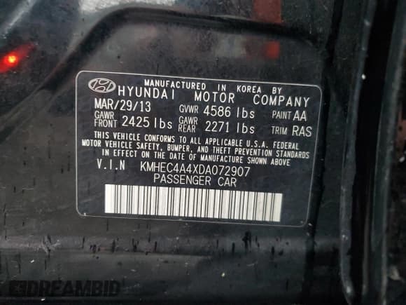 ✅ 2013 Hyundai Sonata Limited • VIN: KMHEC4A4XDA072907 • Lot: 57082954. Listed on Copart with 186,990 mi. Free auction sales archive from the USA and detailed vehicle history report at DreamBid. Image 12.