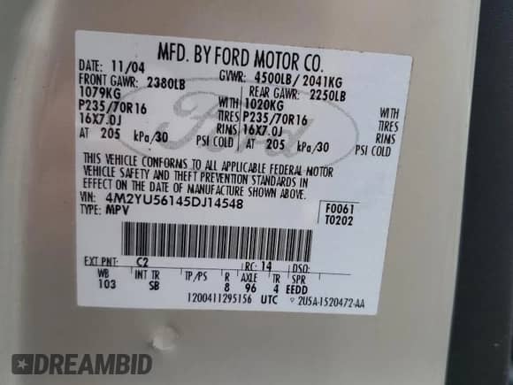 2005 Mercury Mariner Luxury с VIN 4M2YU56145DJ14548, выставлен на аукционе Copart как лот 56871115 с пробегом 114 729 миль миль и Чистый • Clean title. История ставок и продаж доступна на DreamBid. Изображение 13.