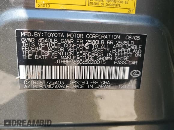 ✅ 2006 Lexus GS 300 • VIN: JTHBH96S065020015 • Лот: 65149675. Опубликован ранее на Copart с пробегом 169 370 миль. Бесплатный доступ к архиву аукционных продаж из США и подробный отчёт об истории автомобиля на DreamBid. Изображение 12.