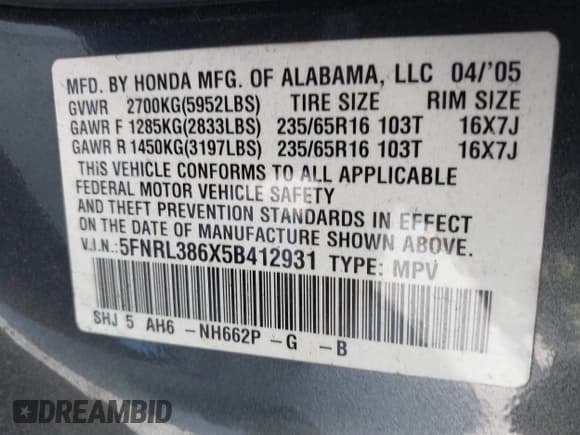 ✅ 2005 Honda Odyssey EX-L • VIN: 5FNRL386X5B412931 • Лот: 43783380. Опубликован ранее на IAAI с пробегом 142 253 миль. Бесплатный доступ к архиву аукционных продаж из США и подробный отчёт об истории автомобиля на DreamBid. Изображение 9.