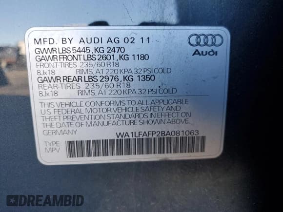 ✅ 2011 Audi Q5 Premium Plus • VIN: WA1LFAFP2BA081063 • Lot: 92020515. Wystawiony na Copart z przebiegiem 147 840 mil. Bezpłatny archiwum sprzedaży aukcyjnych z USA i szczegółowy raport historii pojazdu na DreamBid. Zdjęcie 12.