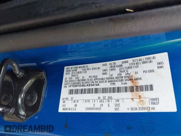 ✅ 2020 Ford F-150 XL • VIN: 1FTEW1E46LKE04144 • Lot: 42967876. Listed on IAAI with Not provided. Free auction sales archive from the USA and detailed vehicle history report at DreamBid. Image 9.