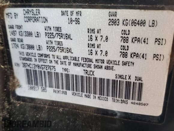 1997 Dodge 1500 z VIN 3B7HC13Y0VG727675, wystawiony jako Copart lot #77764714 z przebiegiem 80 497 mil mil oraz Szkoda całkowita • Salvage title. Historia ofert i sprzedaży dostępna na DreamBid. Obrazek 12.