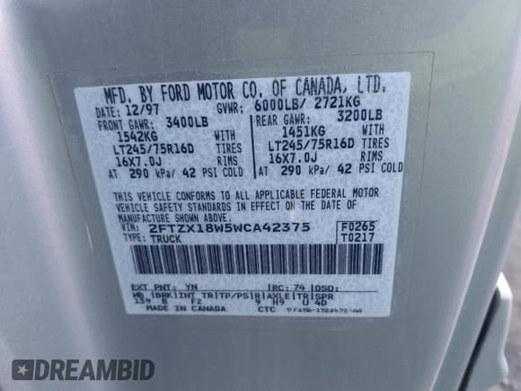 ✅ 1998 Ford F-150 • VIN: 2FTZX18W5WCA42375 • Lot: 41724649. Listed on IAAI with 71,034 mi. Free auction sales archive from the USA and detailed vehicle history report at DreamBid. Image 9.