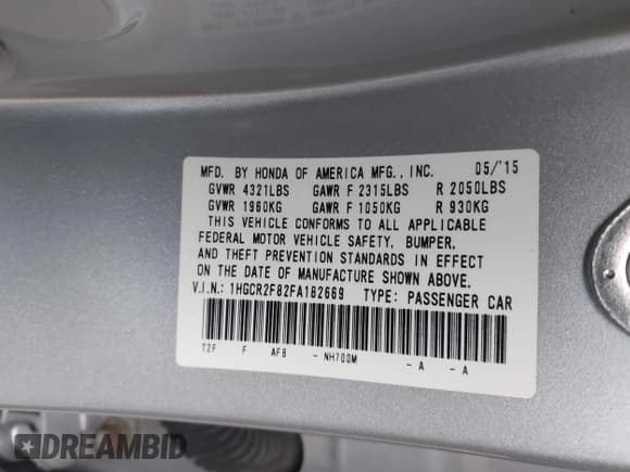 ✅ 2015 Honda Accord EX-L • VIN: 1HGCR2F82FA182669 • Lot: 43806845. Listed on IAAI with 200,121 mi. Free auction sales archive from the USA and detailed vehicle history report at DreamBid. Image 9.