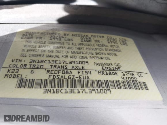 ✅ 2007 Nissan Versa S • VIN: 3N1BC13E17L391009 • Lot: 42839260. Listed on IAAI with 164,184 mi. Free auction sales archive from the USA and detailed vehicle history report at DreamBid. Image 9.