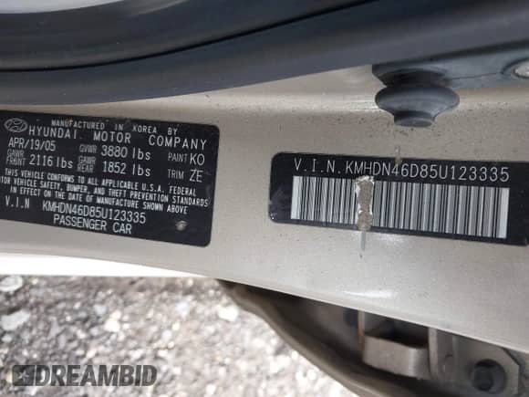 2005 Hyundai Elantra GLS z VIN KMHDN46D85U123335, wystawiony jako IAAI lot #43254224 z przebiegiem Nie podano mil oraz . Historia ofert i sprzedaży dostępna na DreamBid. Obrazek 9.