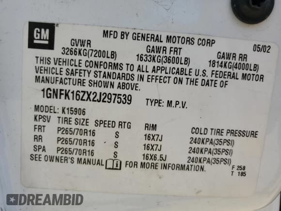 ✅ 2002 Chevrolet Suburban LT • VIN: 1GNFK16ZX2J297539 • Лот: 62850715. Опубликован ранее на Copart с пробегом 255 146 миль. Бесплатный доступ к архиву аукционных продаж из США и подробный отчёт об истории автомобиля на DreamBid. Изображение 14.