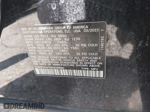 ✅ 2022 Volkswagen Atlas SE • VIN: 1V2DP2CA7NC528880 • Lot: 42527190. Listed on IAAI with 50,543 mi. Free auction sales archive from the USA and detailed vehicle history report at DreamBid. Image 9.