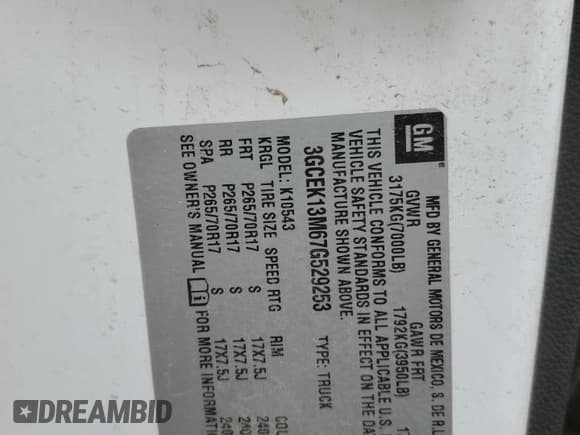 ✅ 2007 Chevrolet Silverado 1500 LTZ • VIN: 3GCEK13M67G529253 • Lot: 85859065. Listed on Copart with Not provided. Free auction sales archive from the USA and detailed vehicle history report at DreamBid. Image 12.