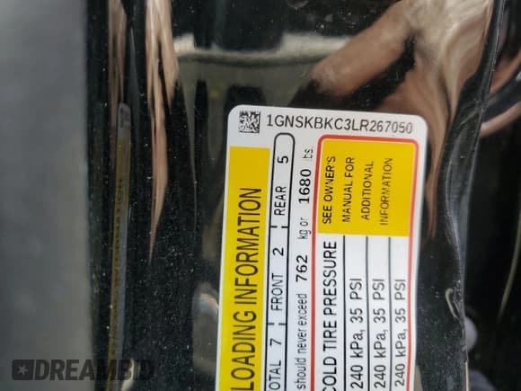 ✅ 2020 Chevrolet Tahoe LT • VIN: 1GNSKBKC3LR267050 • Lot: 59324844. Listed on Copart with Not provided. Free auction sales archive from the USA and detailed vehicle history report at DreamBid. Image 13.