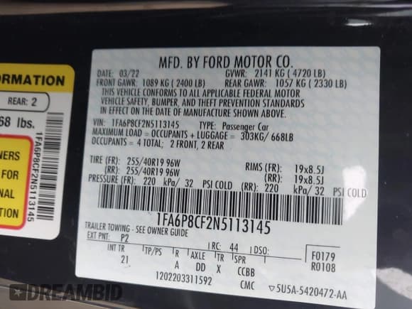 ✅ 2022 Ford Mustang GT Premium • VIN: 1FA6P8CF2N5113145 • Lot: 43376598. Listed on IAAI with 24,304 mi. Free auction sales archive from the USA and detailed vehicle history report at DreamBid. Image 9.