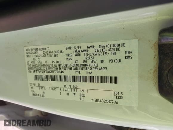 ✅ 2019 Ford F-250 XL • VIN: 1FT7W2BT8KEF79146 • Lot: 42996131. Wystawiony na IAAI z przebiegiem 162 210 mil. Bezpłatny archiwum sprzedaży aukcyjnych z USA i szczegółowy raport historii pojazdu na DreamBid. Zdjęcie 9.